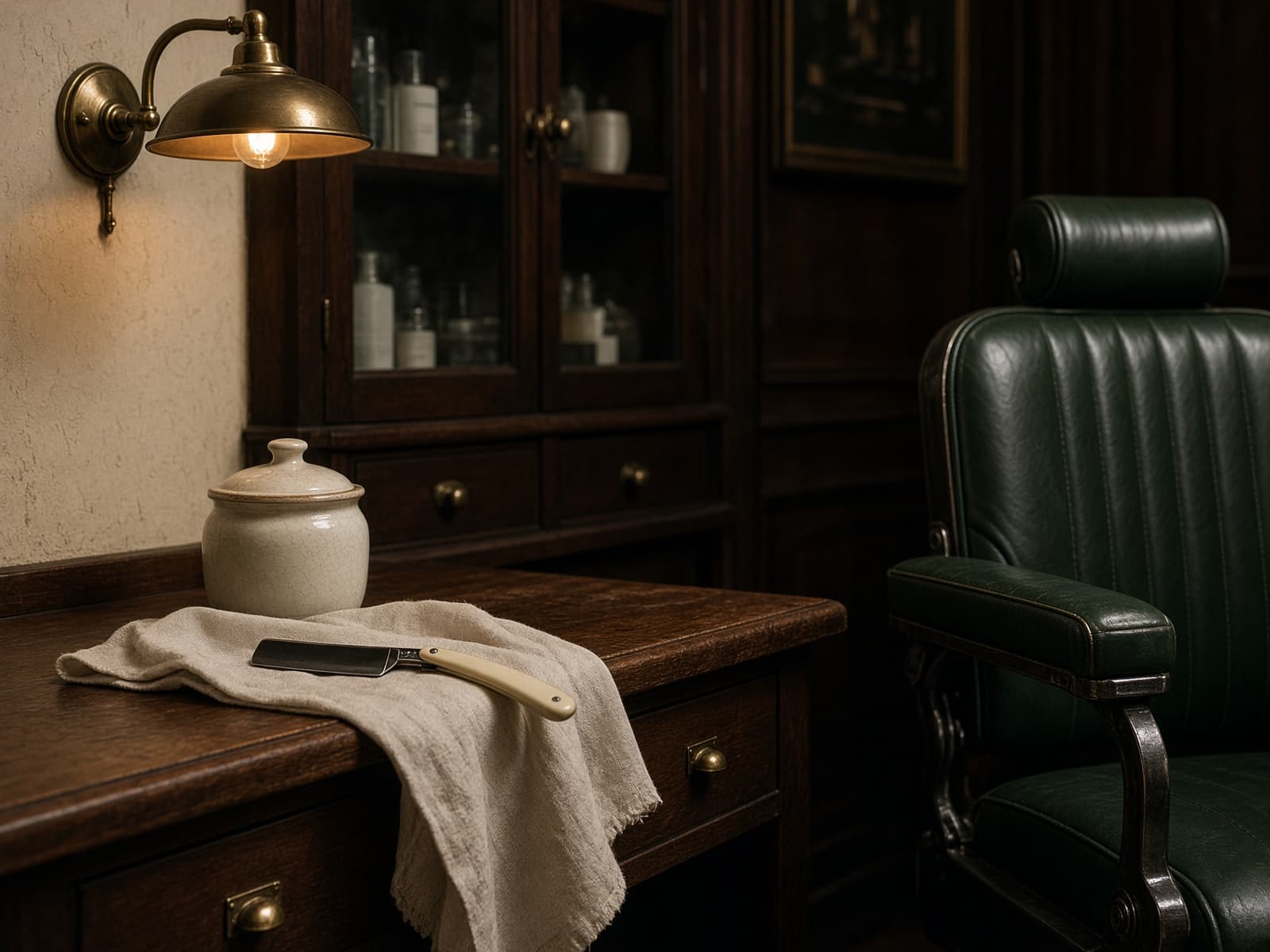 Silla clásica de barbería y gabinetes de nogal