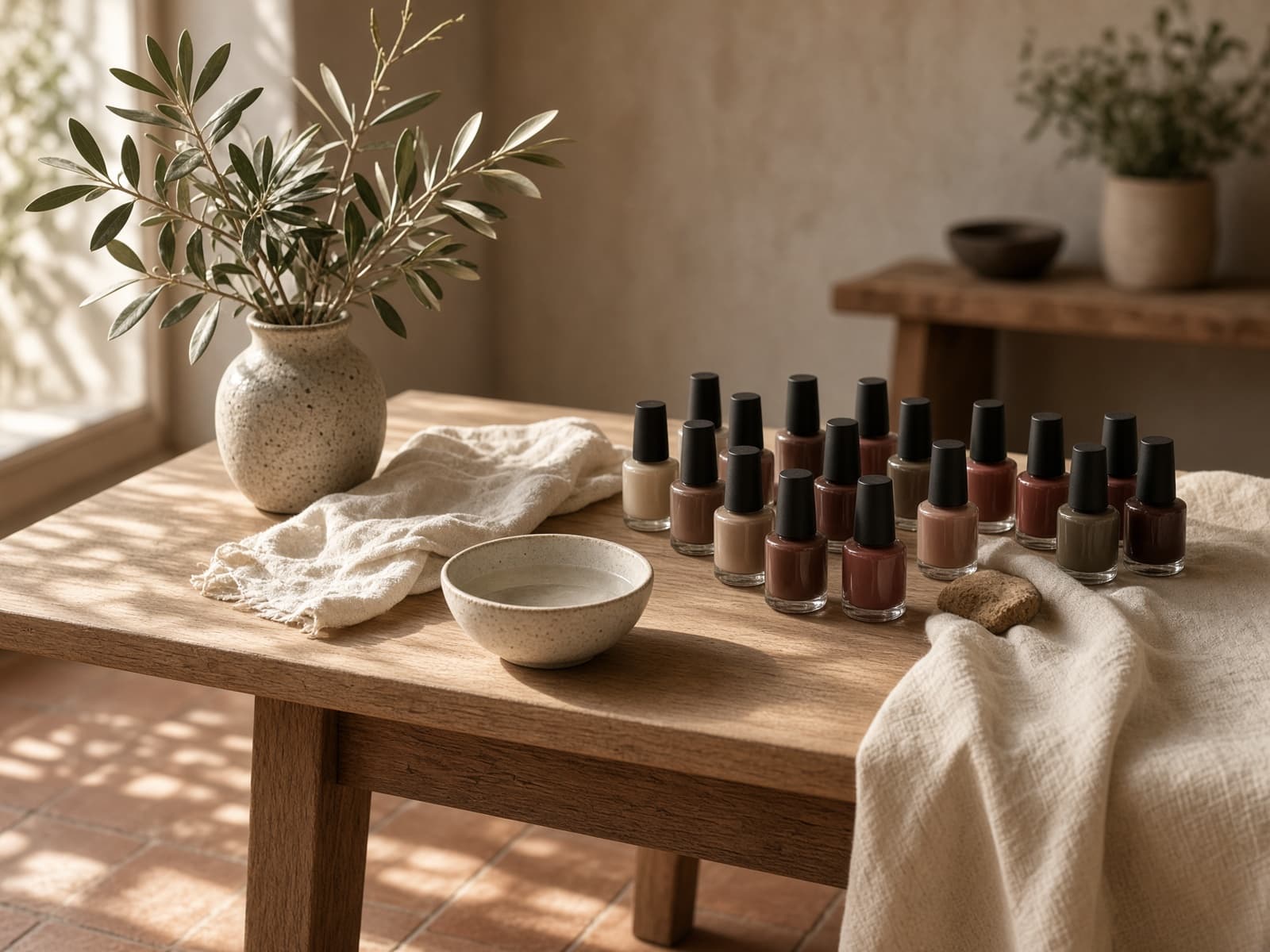 Mesa de uñas con esmaltes en tono tierra y lino